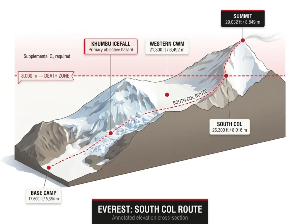 Annotated elevation cross-section of Everest South Col route showing Base Camp, Khumbu Icefall, Western Cwm, South Col, 8000m line, and summit
