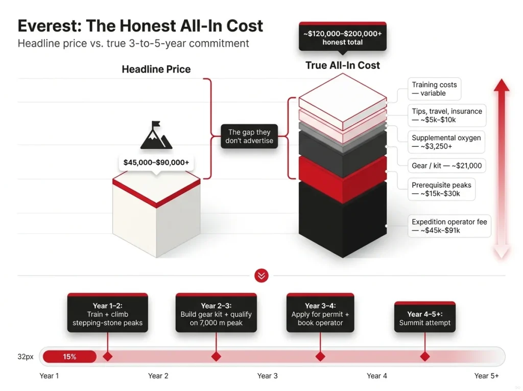 Infographic showing Everest headline vs. true all-in cost comparison bars with 3-to-5-year expense timeline strip