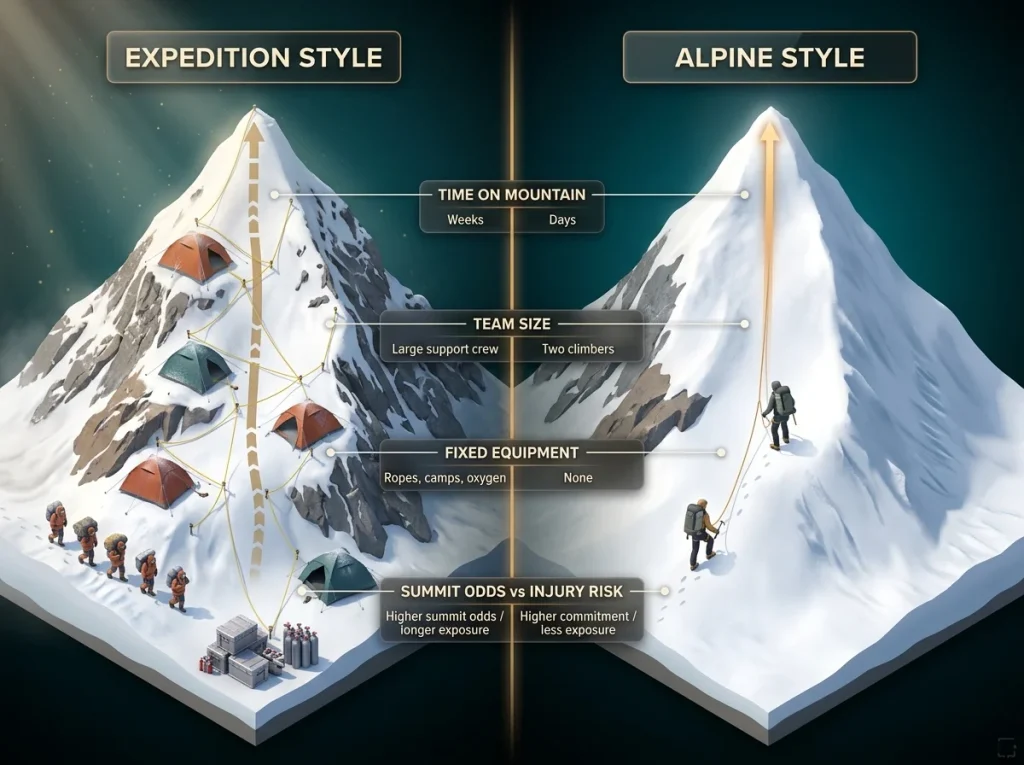 Split-panel infographic comparing expedition style vs alpine style climbing with labeled team size, fixed gear, and exposure indicators