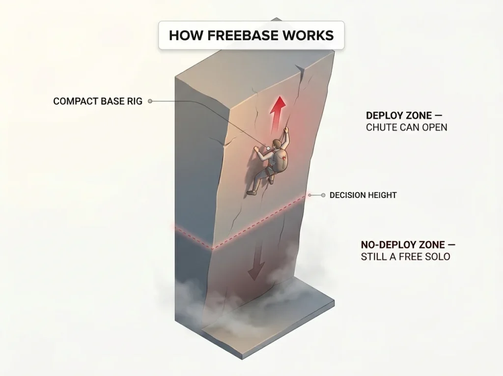 Annotated diagram of a FreeBASE climber on an overhanging wall showing the parachute deploy zone above and no-deploy zone below