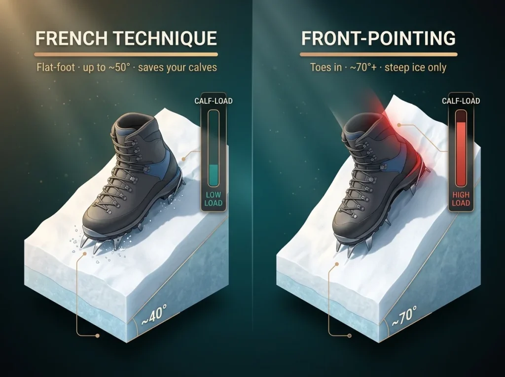 Side-by-side diagram comparing French flat-foot vs front-pointing crampon angle on slope with calf-load indicators