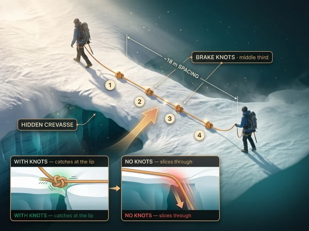 Diagram of two-person glacier rope team with 18m spacing, numbered brake knots and knot-catches-vs-slices comparison