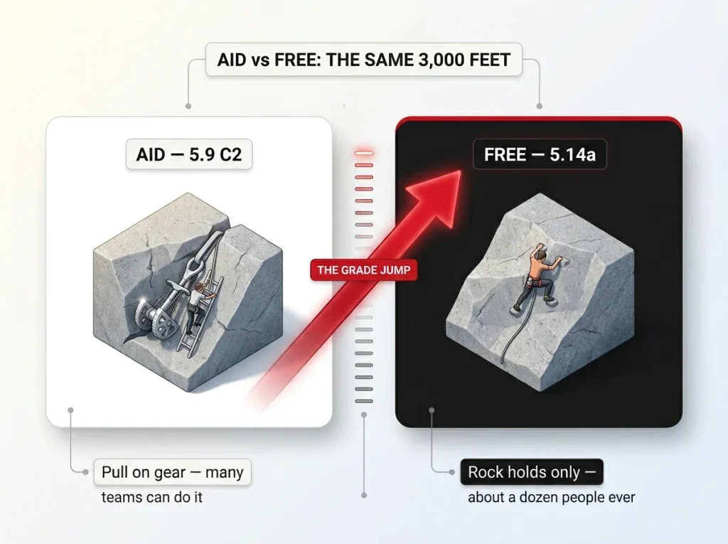 Comparison infographic showing aid 5.9 C2 versus free 5.14a on The Nose with grade-jump visual and difficulty labels