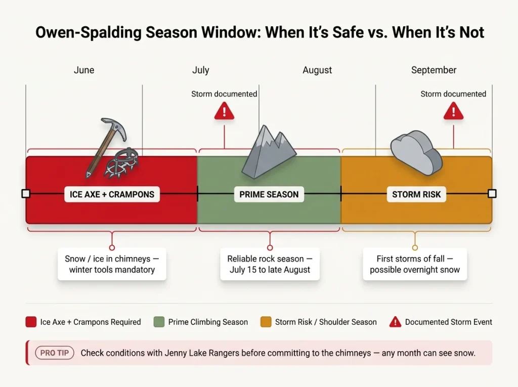 Season timeline infographic for Owen-Spalding route showing June to September window with storm risk zones and ice axe crampons required periods marked