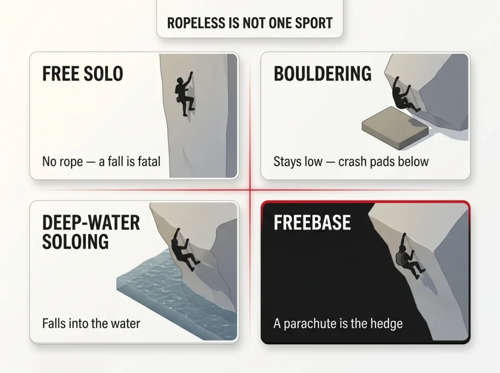 Four-panel comparison infographic showing free solo, bouldering, deep-water soloing, and FreeBASE with silhouettes and what catches a fall