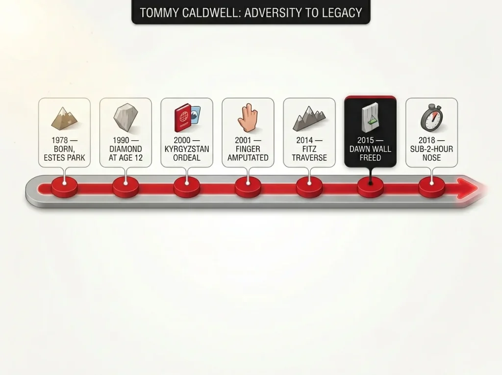 Horizontal career timeline of Tommy Caldwell from his 1978 birth through the 2018 sub-two-hour Nose, with milestone markers