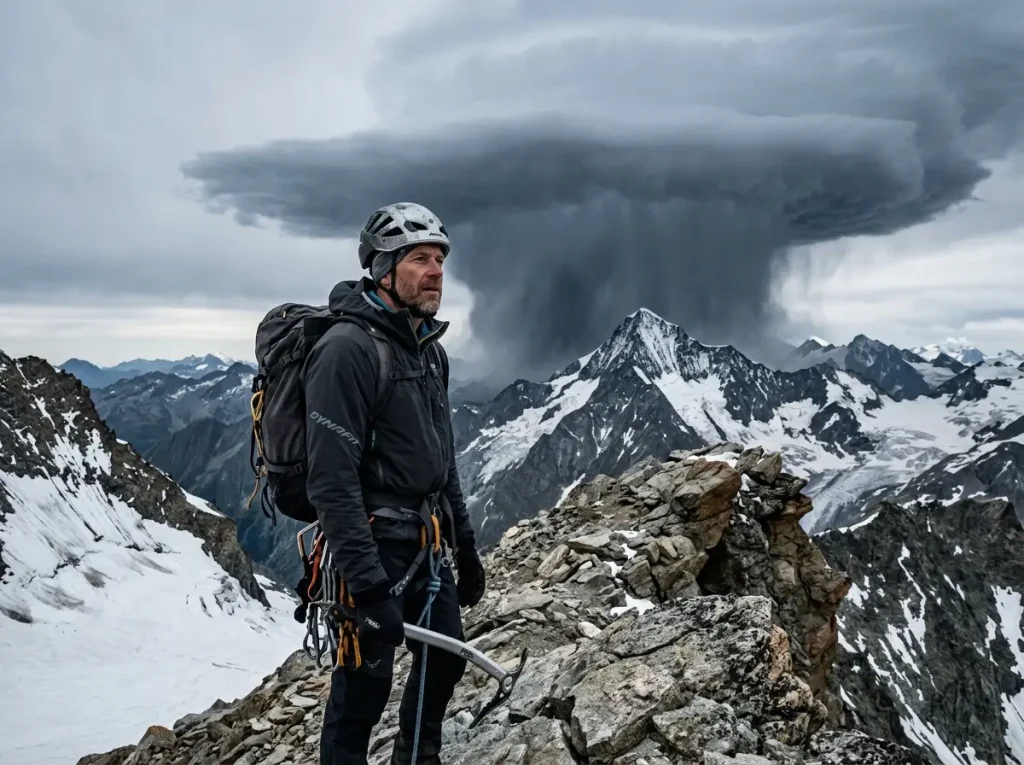 Alpinist watching dark storm clouds build over a glaciated peak, weather assessment before descent