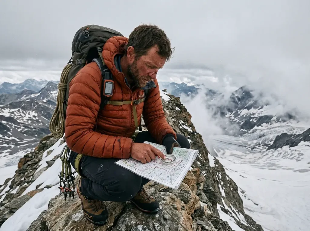 Alpine climber with paper topo and compass on mountain ridge planning descent route