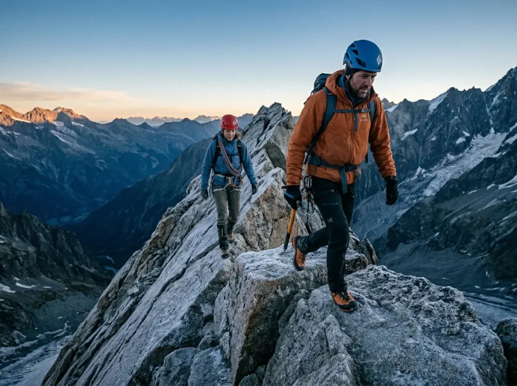 Two alpine-style climbers moving fast and light along a high ridge, style as difficulty