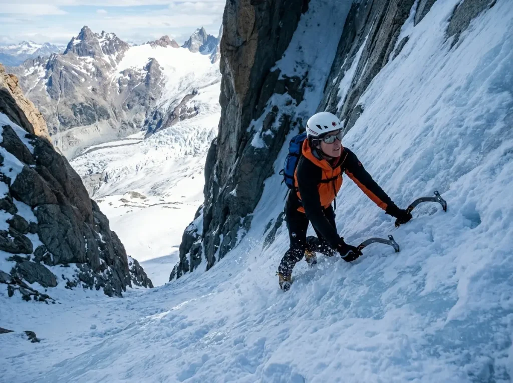 Solo alpinist moving fast on a steep snow couloir in Patagonia, no fixed ropes visible