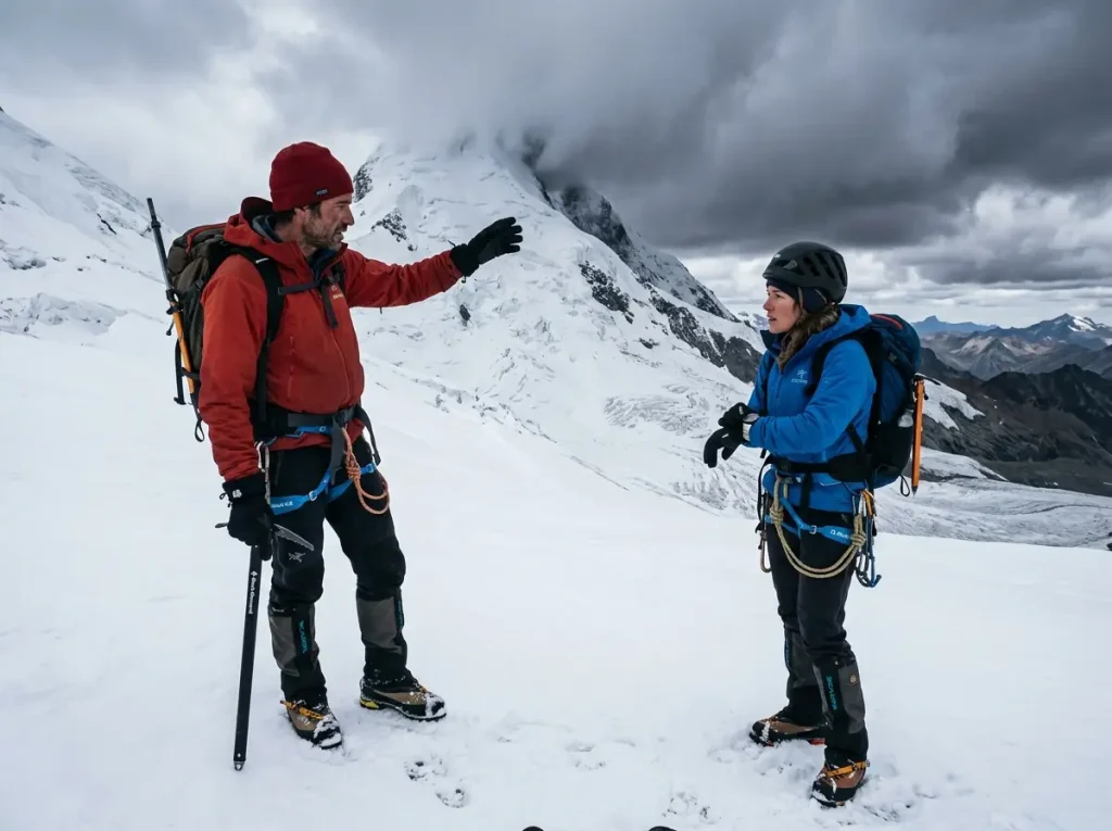 Climbing team stopped at turnaround point on alpine route discussing decision in deteriorating weather