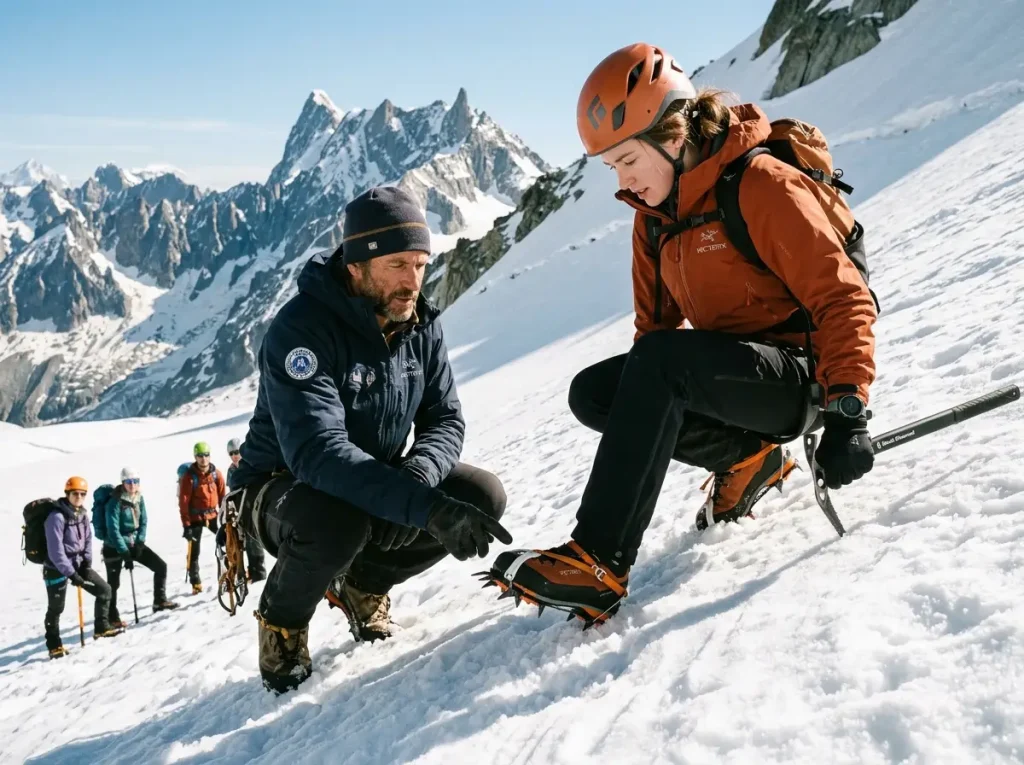 Young climber learning crampon technique on snow slope during an alpine climbing course