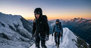 How Alpinism Actually Works on the Mountain Two alpinists moving together on a glaciated ridge at dawn, French Alps, crampons and ice axes