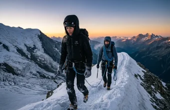 How Alpinism Actually Works on the Mountain Two alpinists moving together on a glaciated ridge at dawn, French Alps, crampons and ice axes
