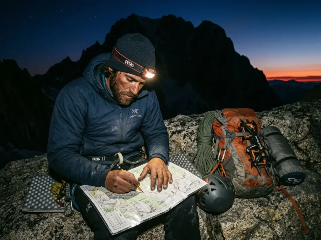 Alpinist studying a mountain route on a topo map at a bivouac camp before dawn departure