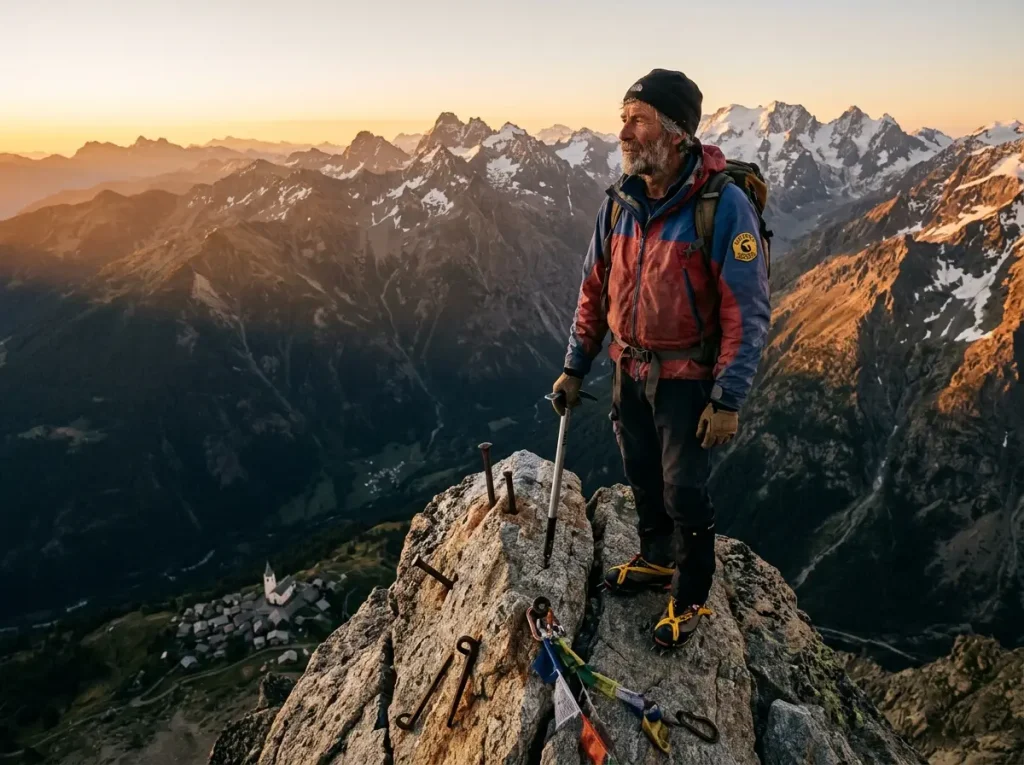 Alpinist at the summit of a classic alpine peak at sunrise, old stone church visible far below in valley