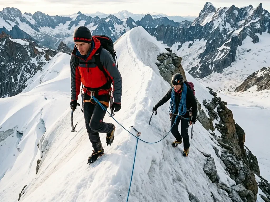 Two alpinists simul-climbing on a glaciated arête, rope between them, moving simultaneously