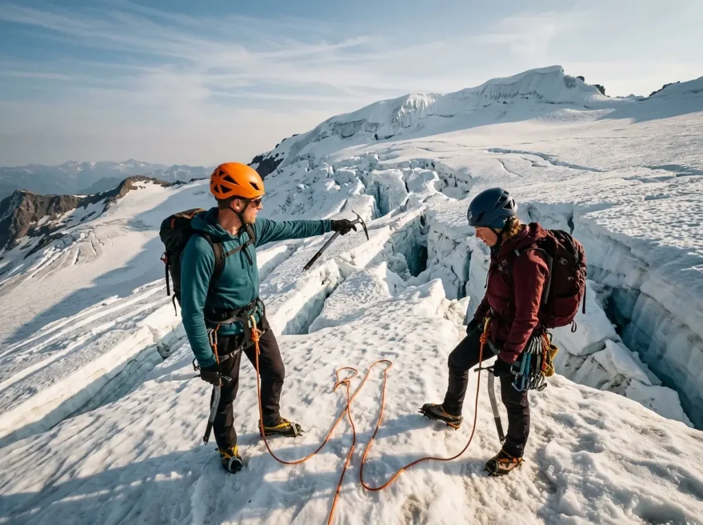 Two climbers on a glaciated peak discussing route, one pointing toward summit above crevasse field