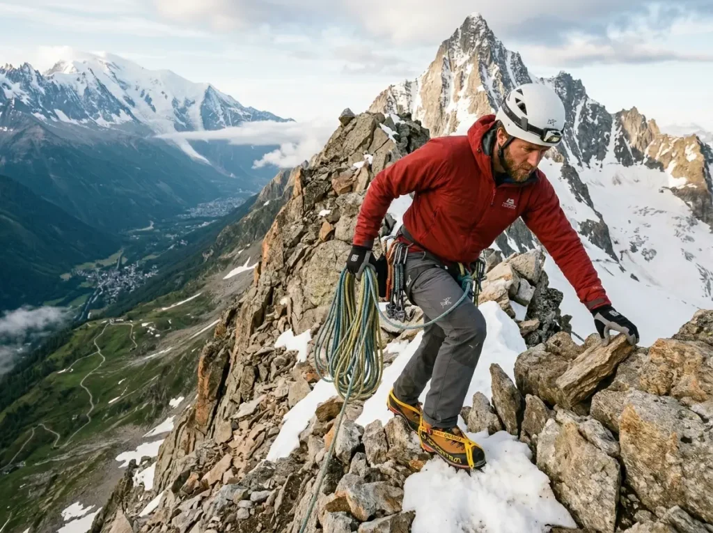 Climber on the Matterhorn Hörnli Ridge, a famous alpine peak known for loose rock