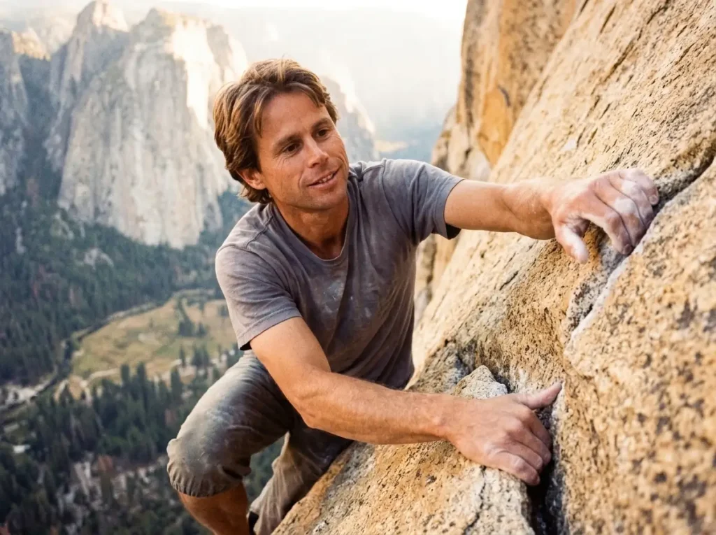 Free soloist mid-move on a sustained vertical Yosemite crack with no rope, deep valley exposure below