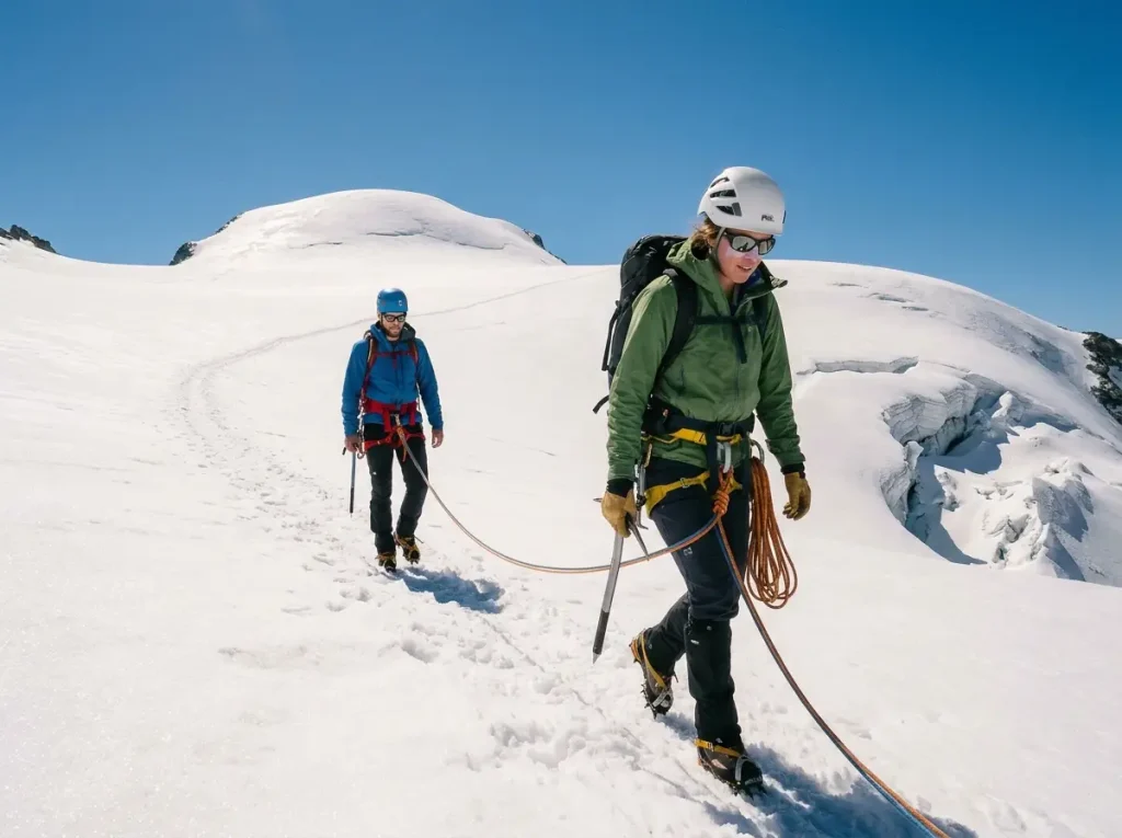 Roped pair on an attainable glacier route in daylight, training toward a hard mountain to climb