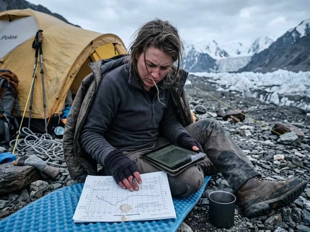 Climber at base camp studying a weather forecast, reading mountain risk data carefully