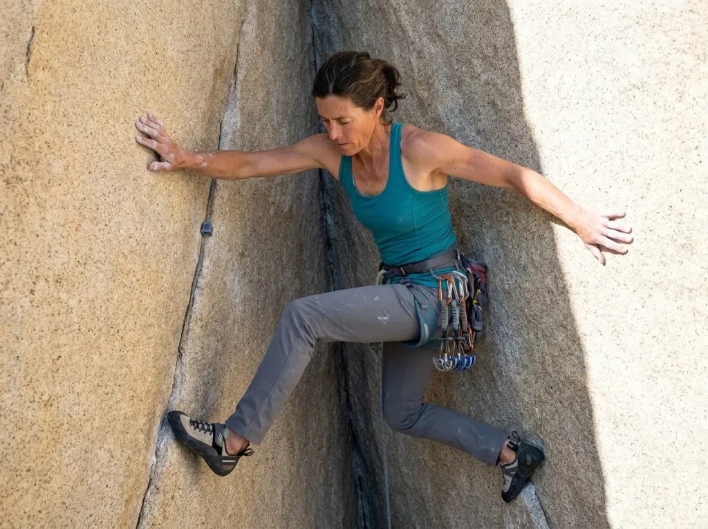 Woman climber stemming a thin granite corner with body tension, evoking The Nose's Changing Corners crux
