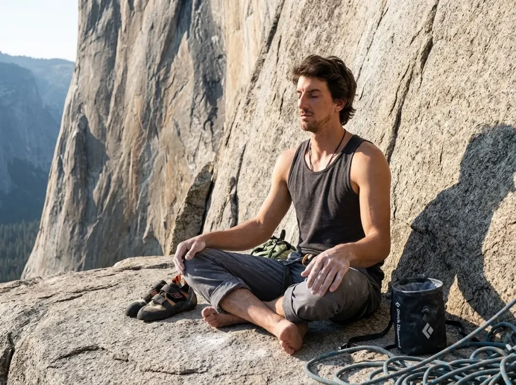 Climber sitting still at the base of a granite wall before a free solo, the mental game of climbing