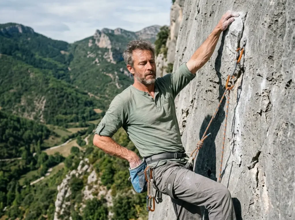 Climber in his 40s resting in calm focus on a steep route, the longevity mindset behind 5.15c