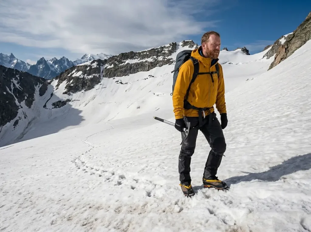 Mountaineer using French technique flat-foot crampon stance on moderate alpine snow slope