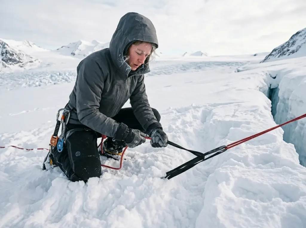 Mountaineer building T-trench snow anchor during crevasse rescue training with ice axes
