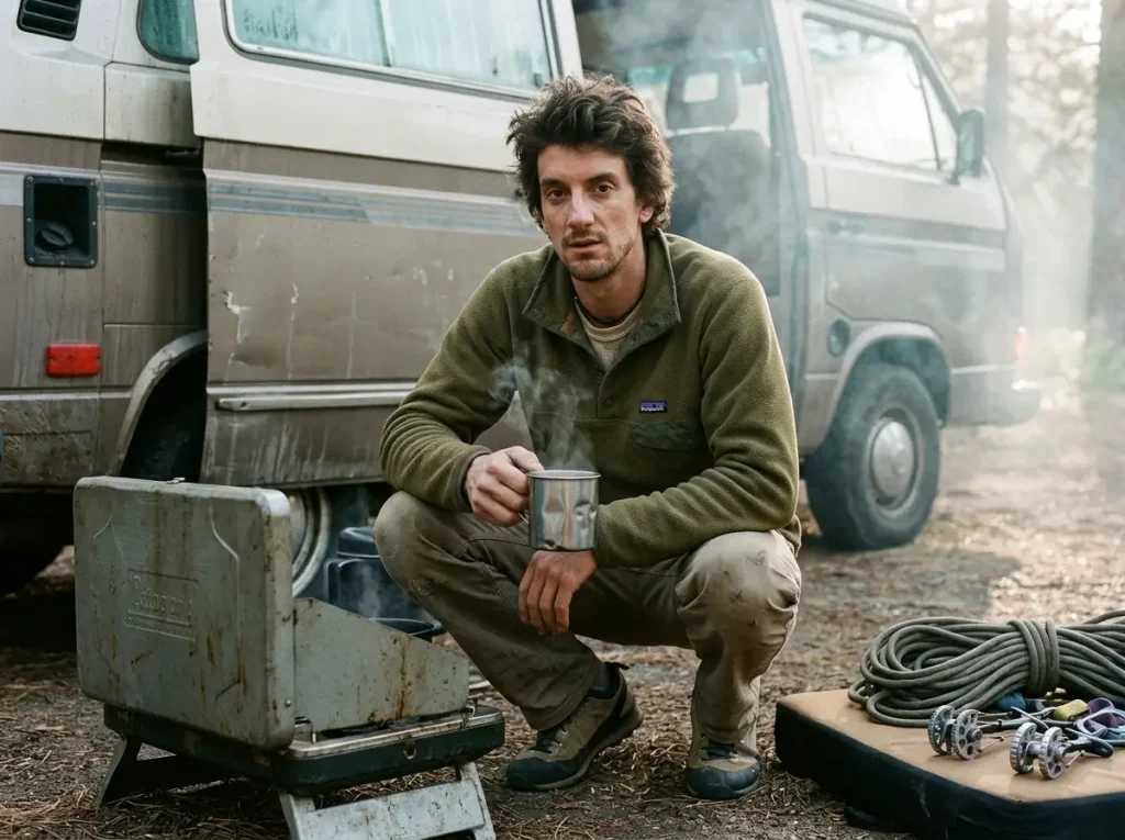 Climber's dirtbag camp at dawn in Camp 4 Yosemite, gear and worn van, free climbing lifestyle