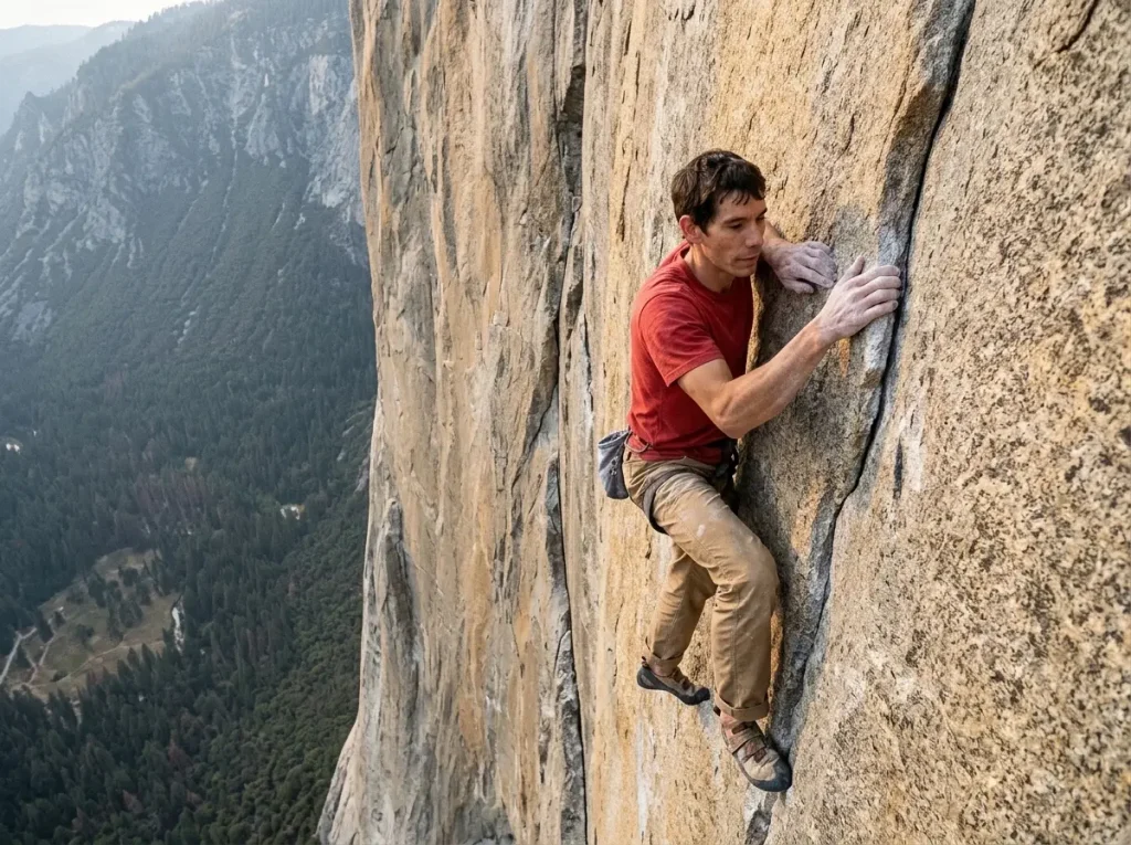 Lone ropeless climber high on a sheer El Capitan granite face with thousands of feet of exposure below