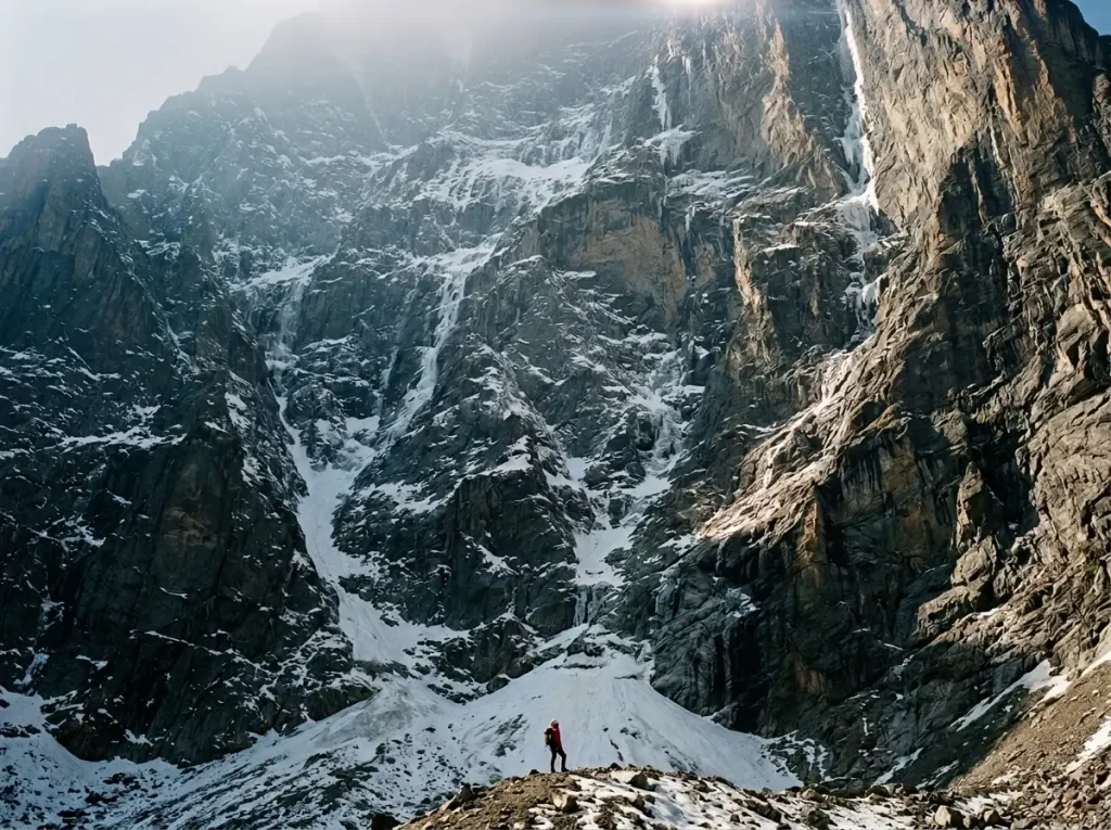 A single climber dwarfed at the foot of an enormous rock and ice face, the scale of the hardest walls