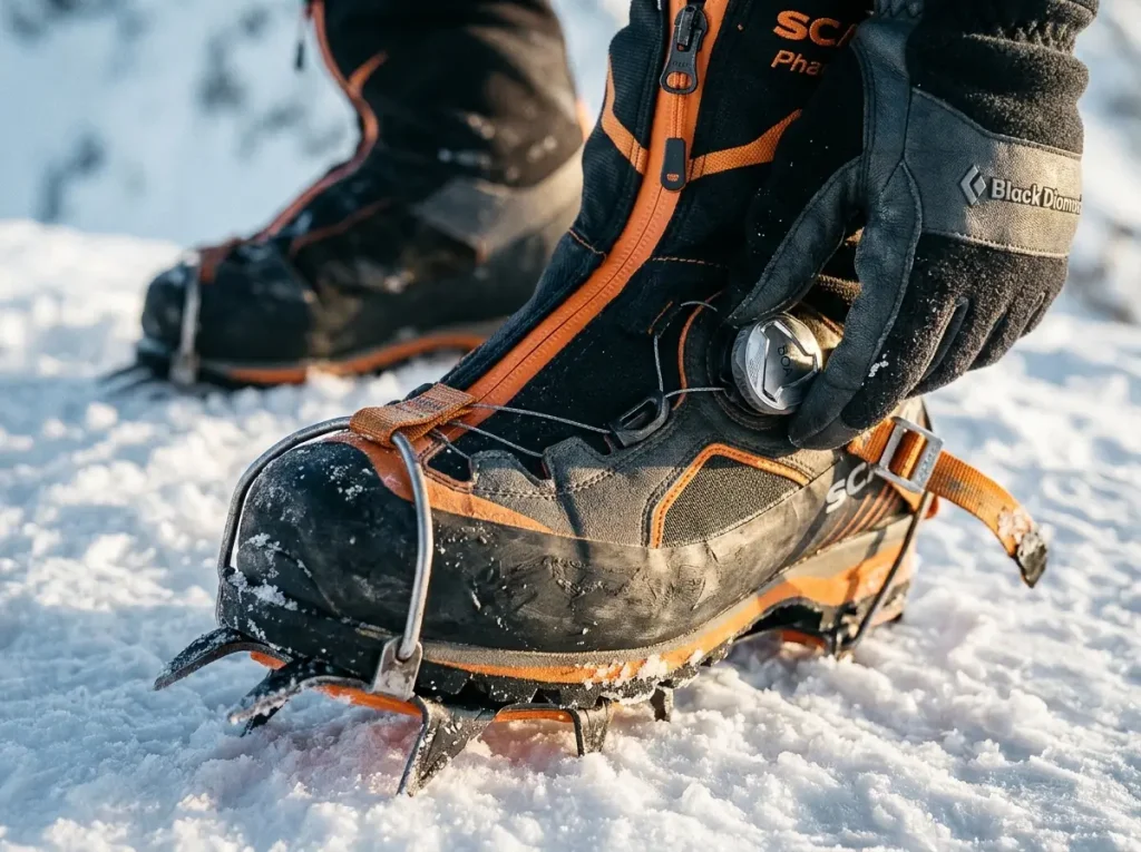 Close-up of a modern 8000m boot's BOA dial and gaiter — which Everest gear upgrades are worth the money
