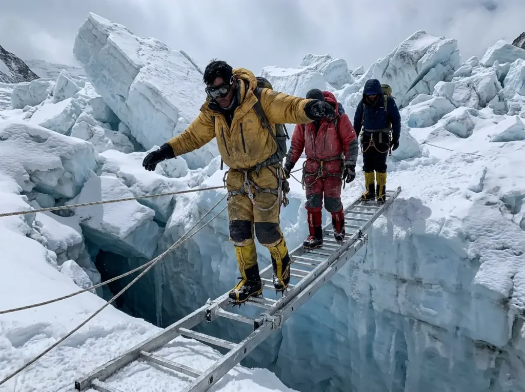 Climbers on an acclimatization rotation crossing Khumbu Icefall ladders below Everest