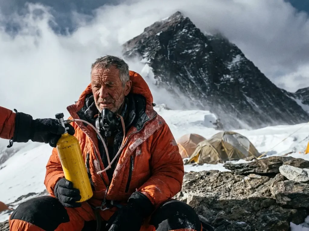 Older climber resting at a windy high camp with an oxygen mask, the logistics behind Everest age and speed records