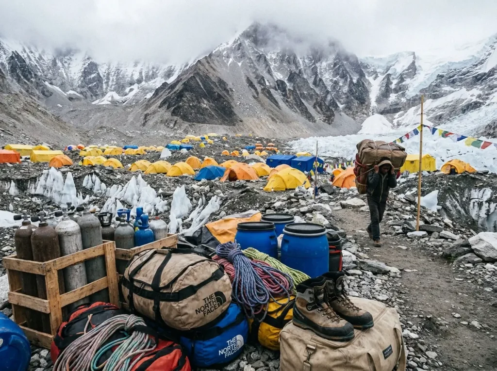 Everest Base Camp tents, oxygen bottles and duffels showing the true all-in cost of the climb