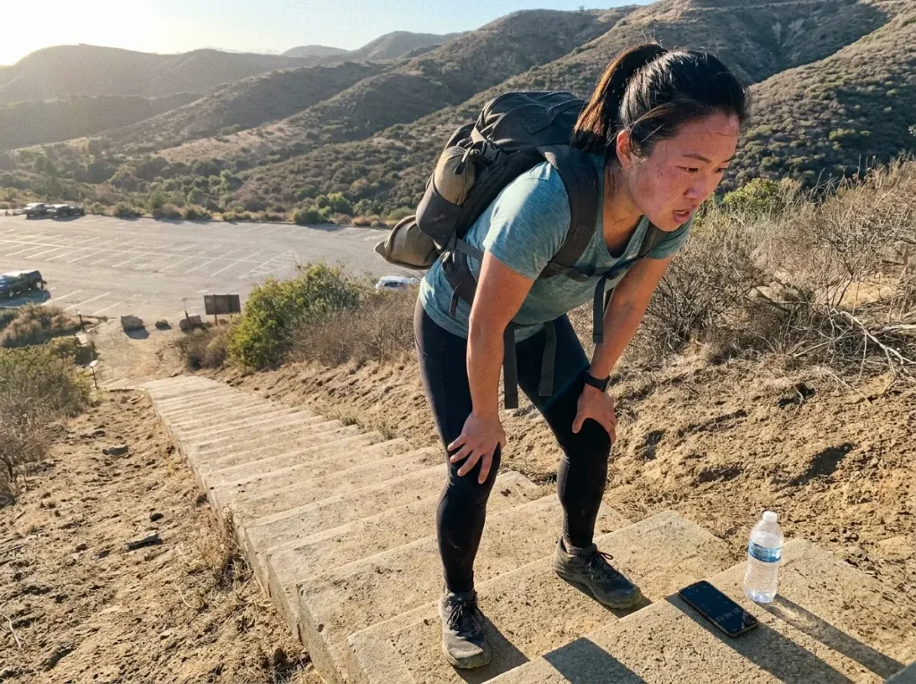 Climber training with a heavy weighted pack on steep stairs to hit Everest's fitness prerequisites