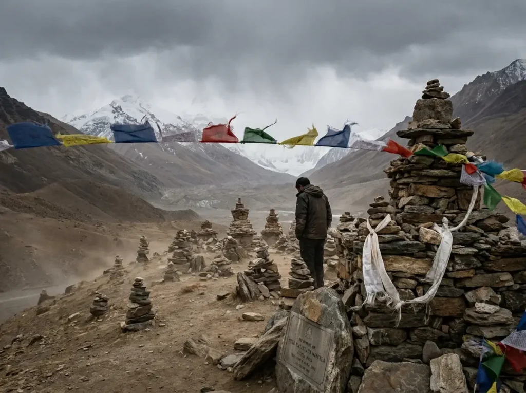 Everest memorial chortens and prayer flags at Thukla Pass, the human cost behind the list of Everest summiters