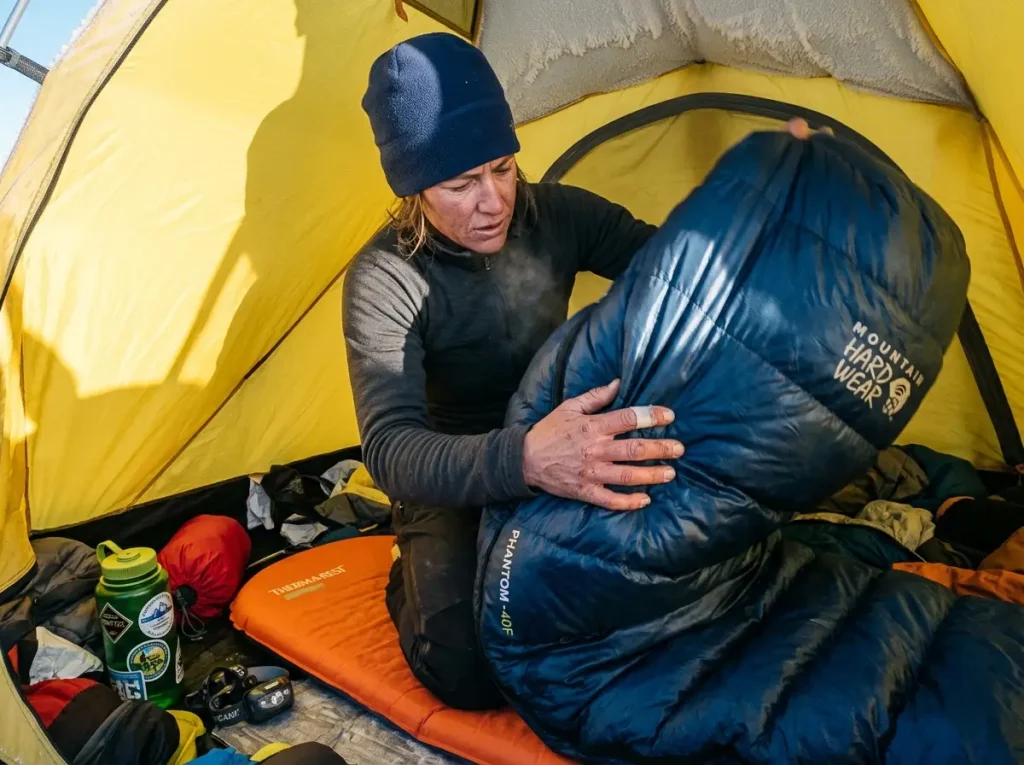 Climber lofting a -40°F expedition down bag inside a high-camp tent on an Everest climb