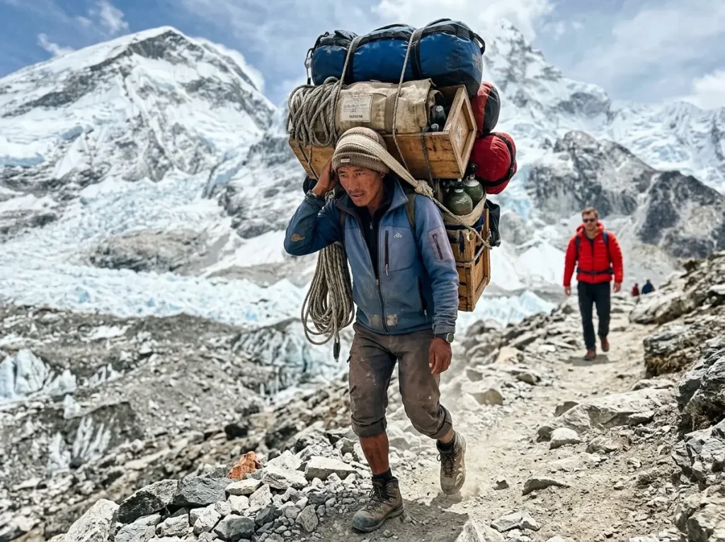 Sherpa carrying a heavy expedition load on Everest, the ethics behind the climb's prerequisites