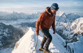 18 Famous Mountain Peaks and What They Demand Mountaineer on a knife-edge snow ridge at sunrise, one of climbing's famous mountain peaks