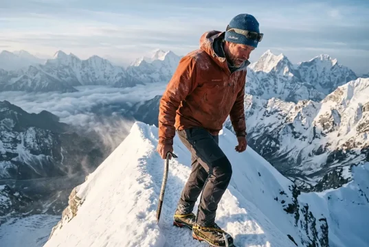 18 Famous Mountain Peaks and What They Demand Mountaineer on a knife-edge snow ridge at sunrise, one of climbing's famous mountain peaks