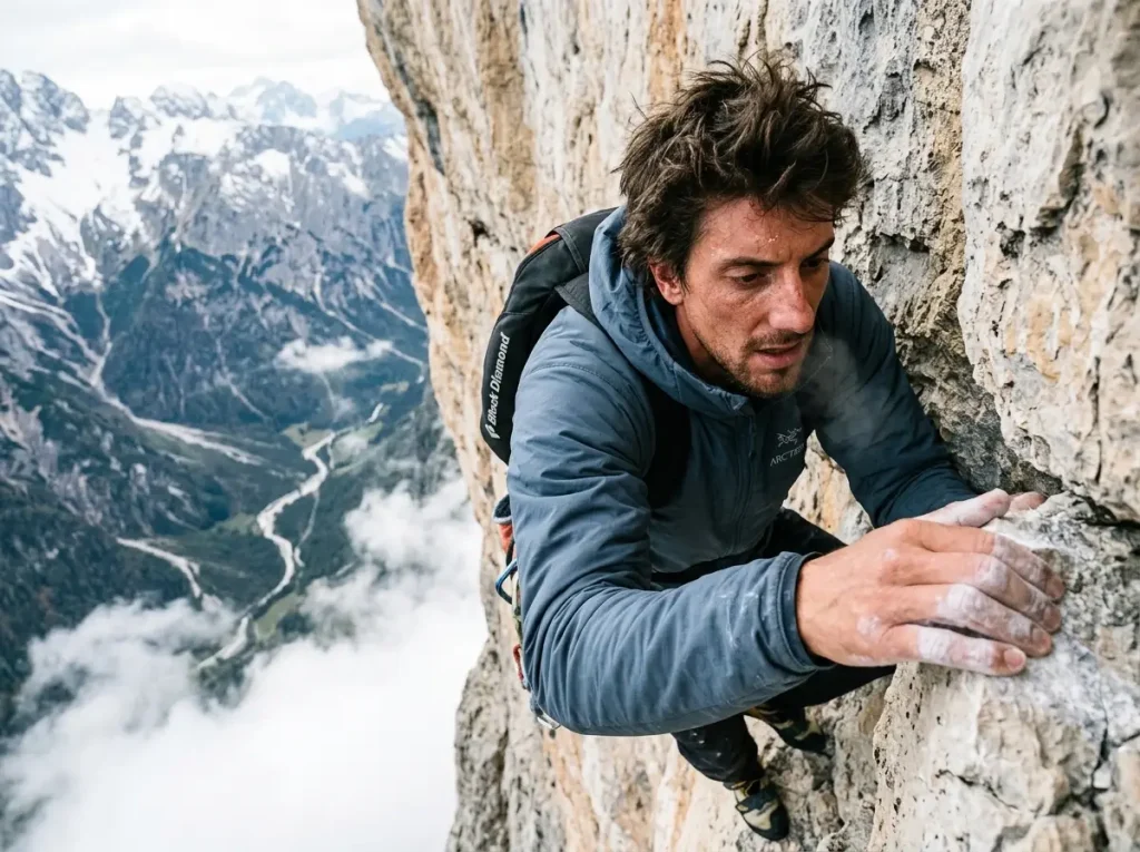 Climber with a compact BASE parachute rig on an overhanging alpine north face, FreeBASE concept