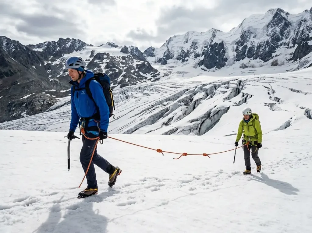 Two-person alpine rope team traveling on glacier with correct rope spacing and brake knots visible
