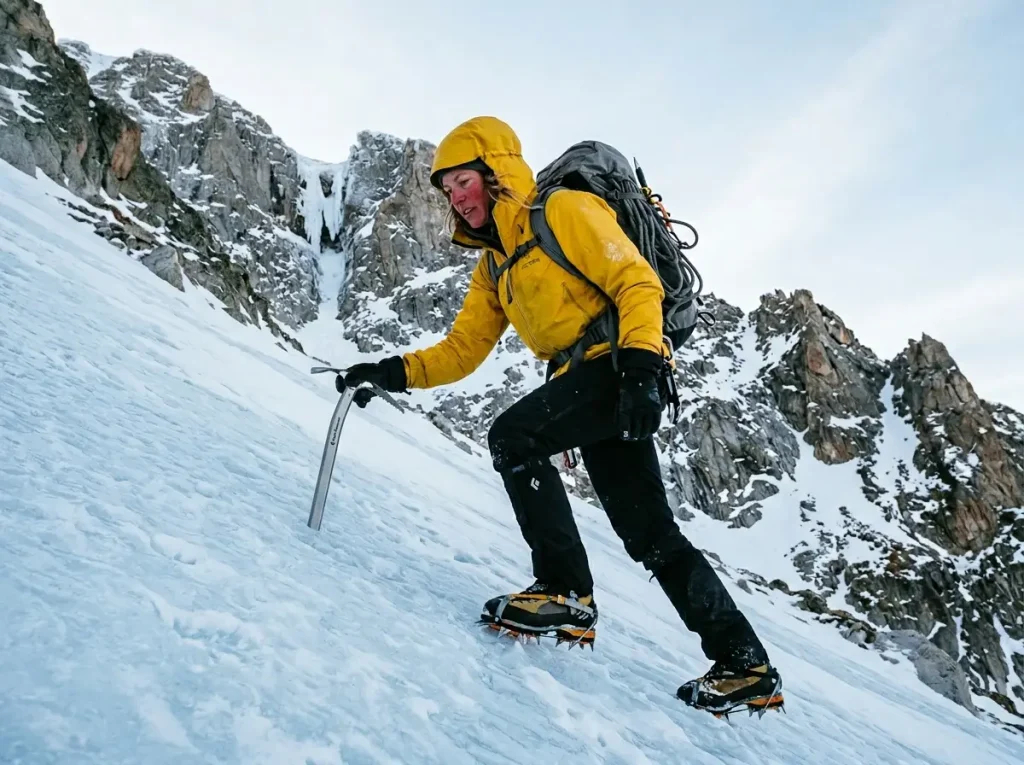 Climber with ice axe and crampons crossing an iced snowfield on the Grand Teton