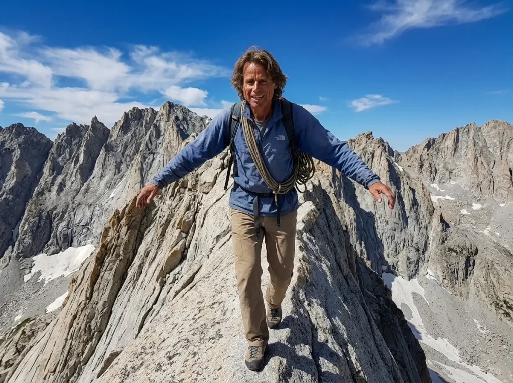 Light-and-fast climber on an exposed High Sierra granite ridgeline, evoking the Evolution Traverse