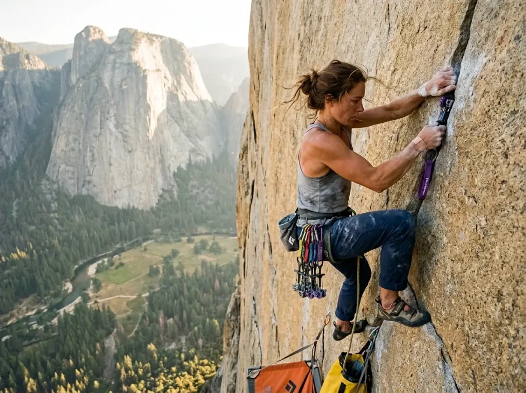 Big-wall climber high on El Capitan granite, the most famous rock route on Earth