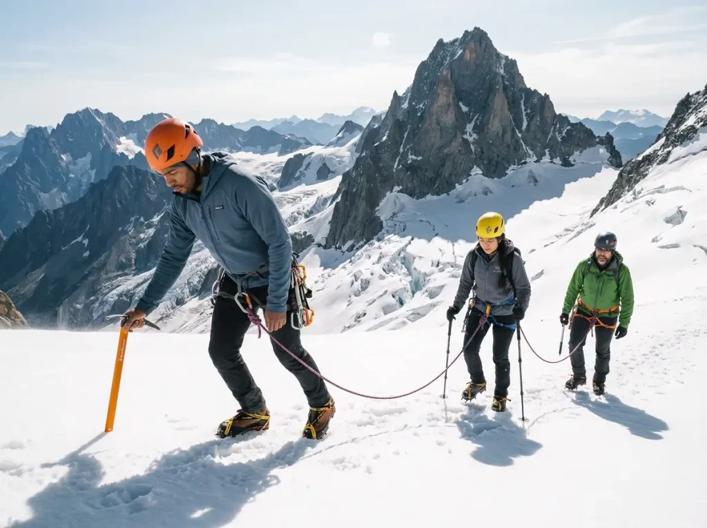 Roped climbers ascending a glacier slope, showing mountaineering skill and commitment progression